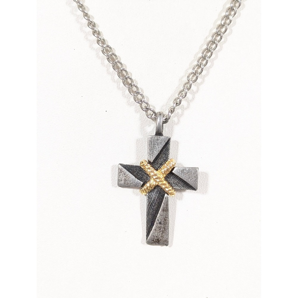 Vintage Two Tone Cross Necklace‎ Silver Gold Tone Pendant 20"